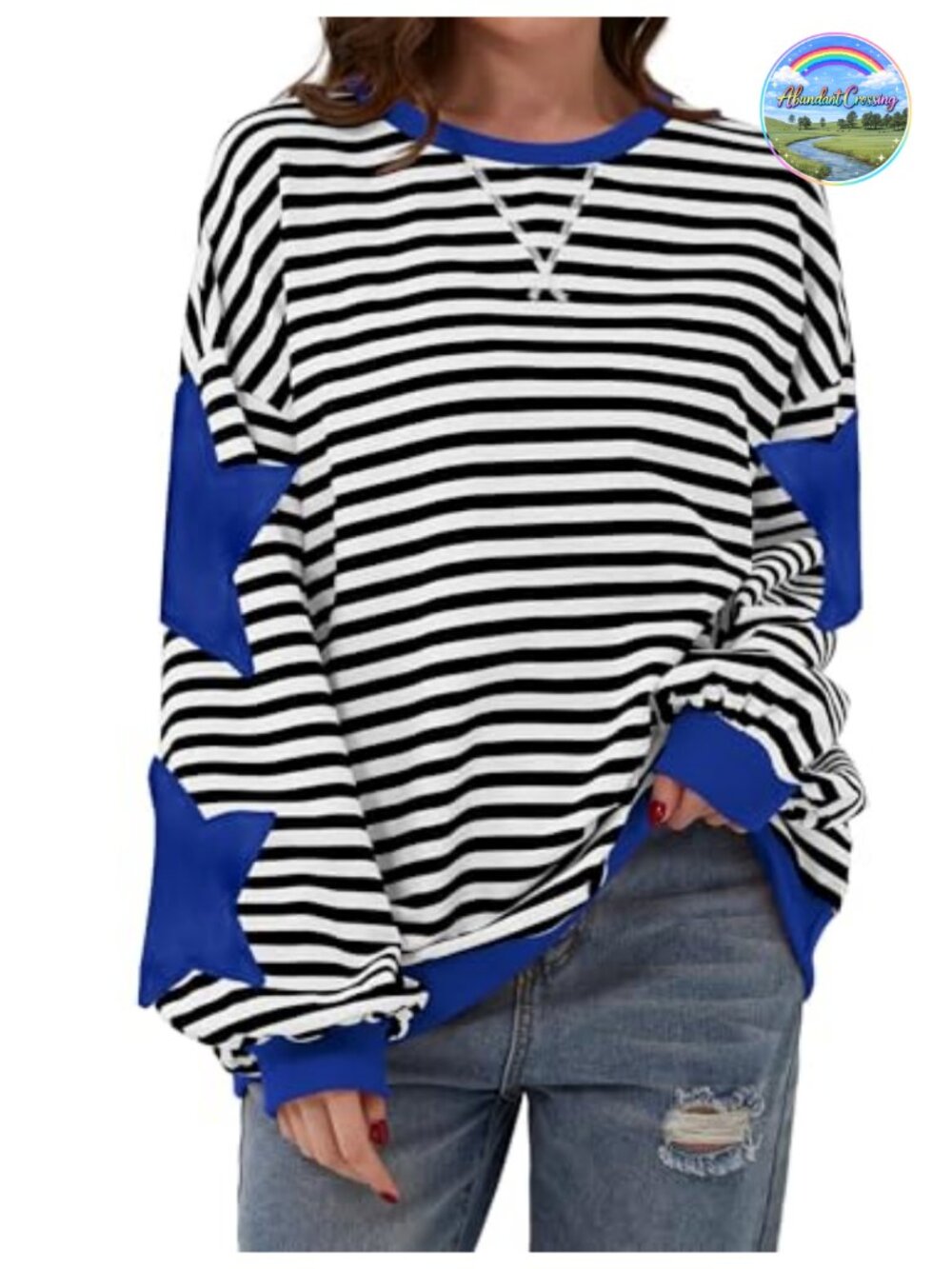 Oversized Striped Color Block Long Sleeve Crew Neck Sweatshirt Casual Pullover